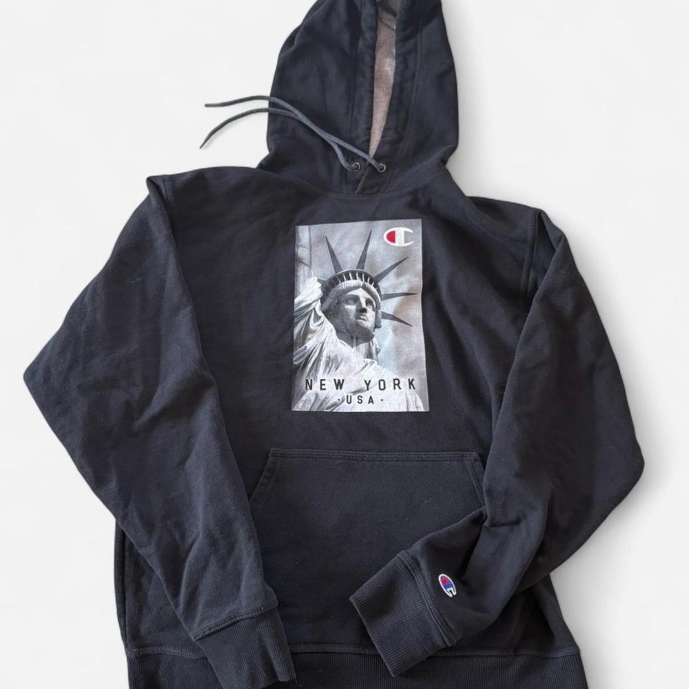 Black Champion Statue Of Liberty Graphic Print Drawstring Hoodie Size Medium